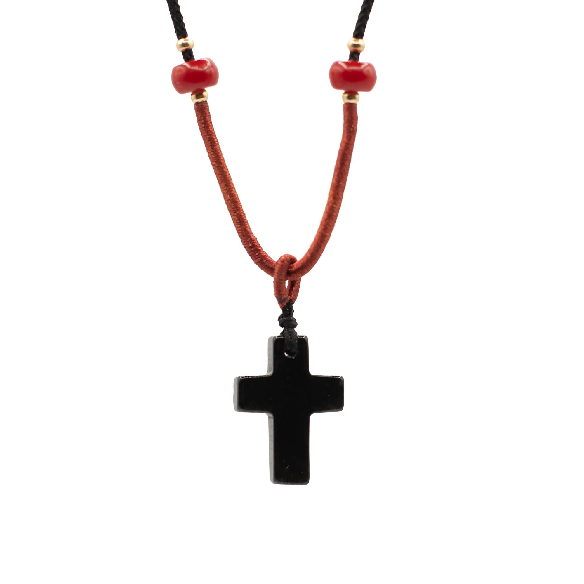Black Agate Cross Cord Necklace Gemstone Pendant