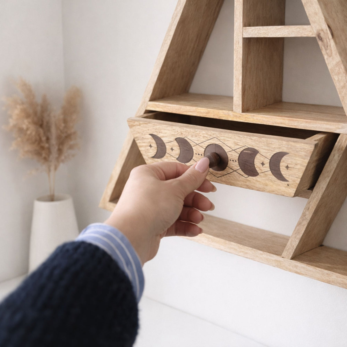 Triangle Wall Shelf with Moon Phase Drawer | Celestial Wooden Shelf ...