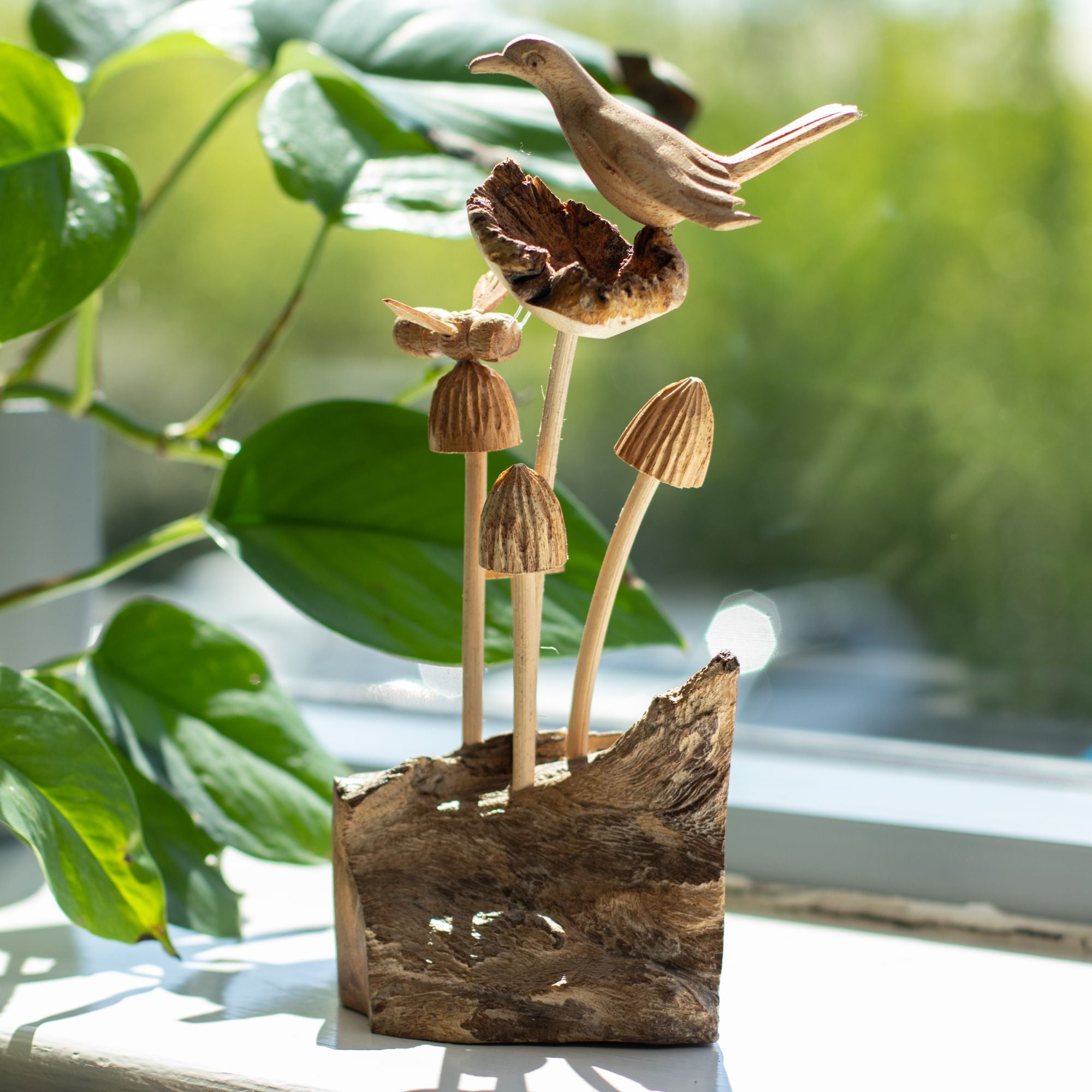 Handmade Parasite Wood Carving — Bird & Bee on Mushrooms