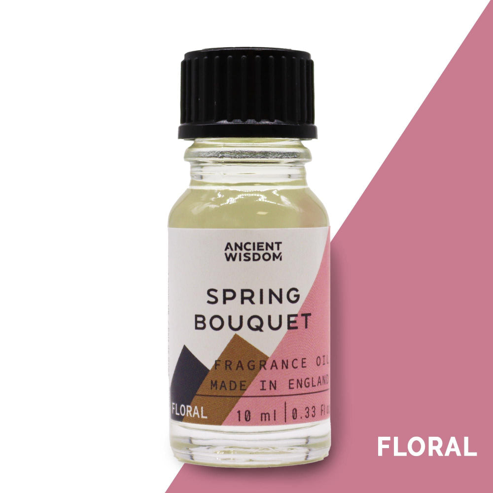 Bottle of 'Spring Bouquet' fragrance oil with a geometric label on a white and pink background.