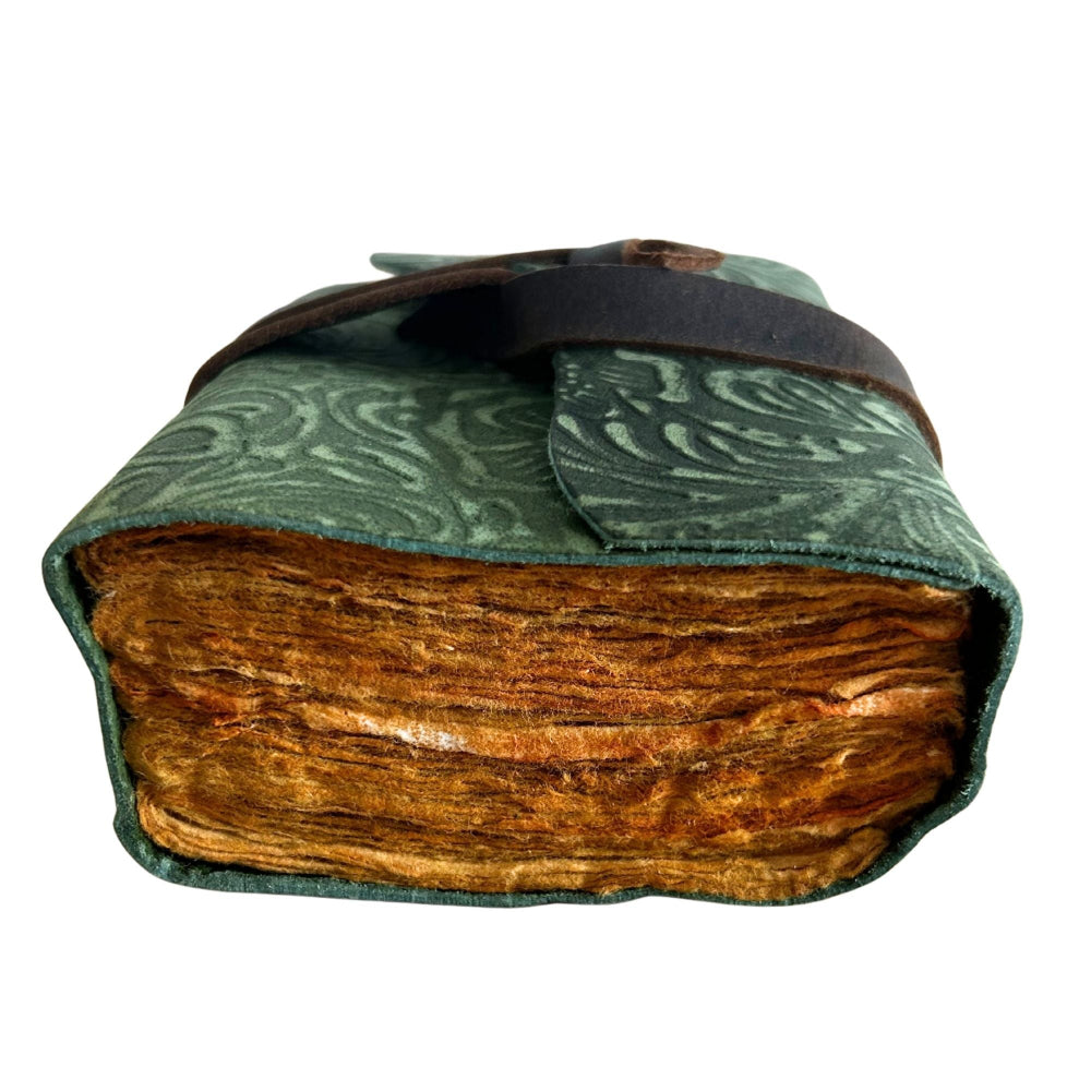 Vintage book with green leather cover and brown pages on a white background