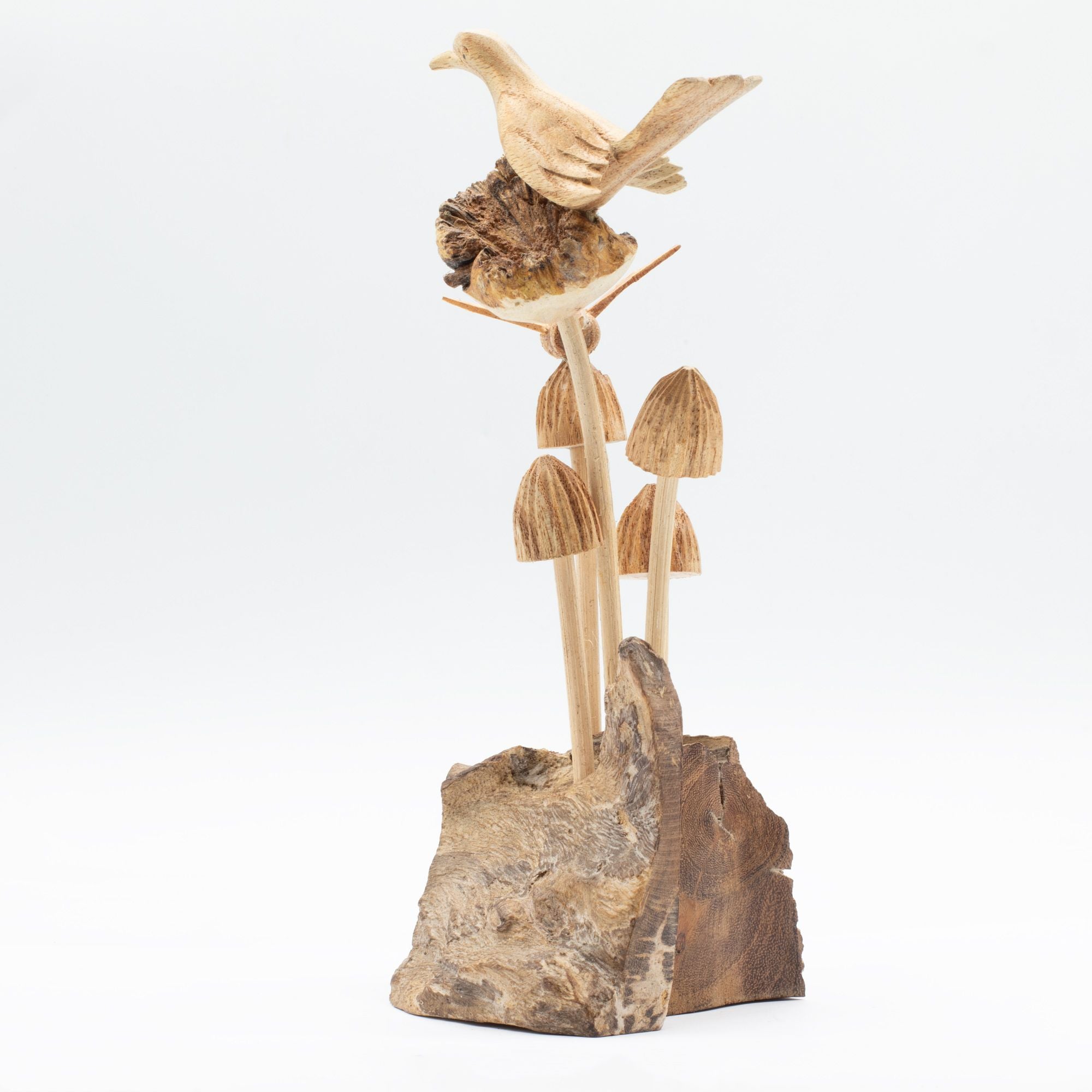 Handmade Parasite Wood Carving — Bird & Bee on Mushrooms