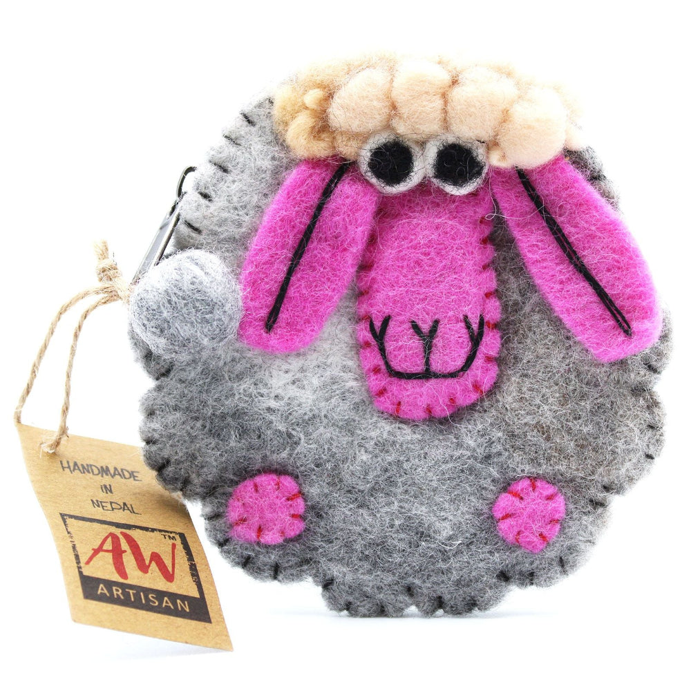 Happy Sheep Felt Zipper Pouch | Handmade Wool Pouch from Nepal