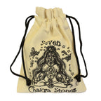 Beige drawstring pouch with black graphics and text on a white background