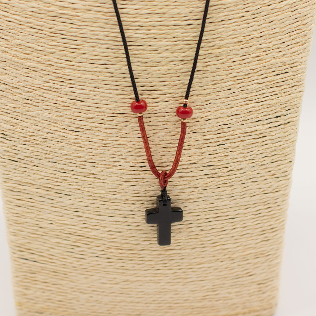 Black Agate Cross Cord Necklace Gemstone Pendant