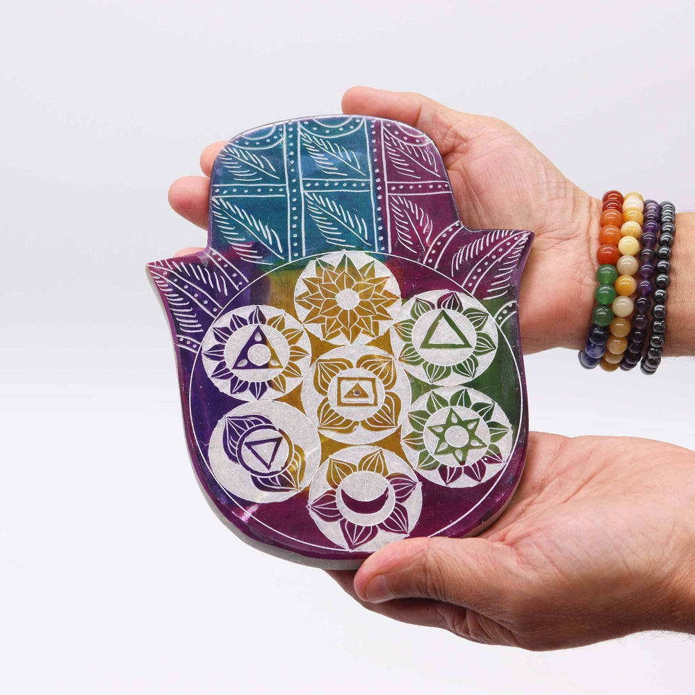 7 Chakra Soapstone Large Hamsa Incense Holder