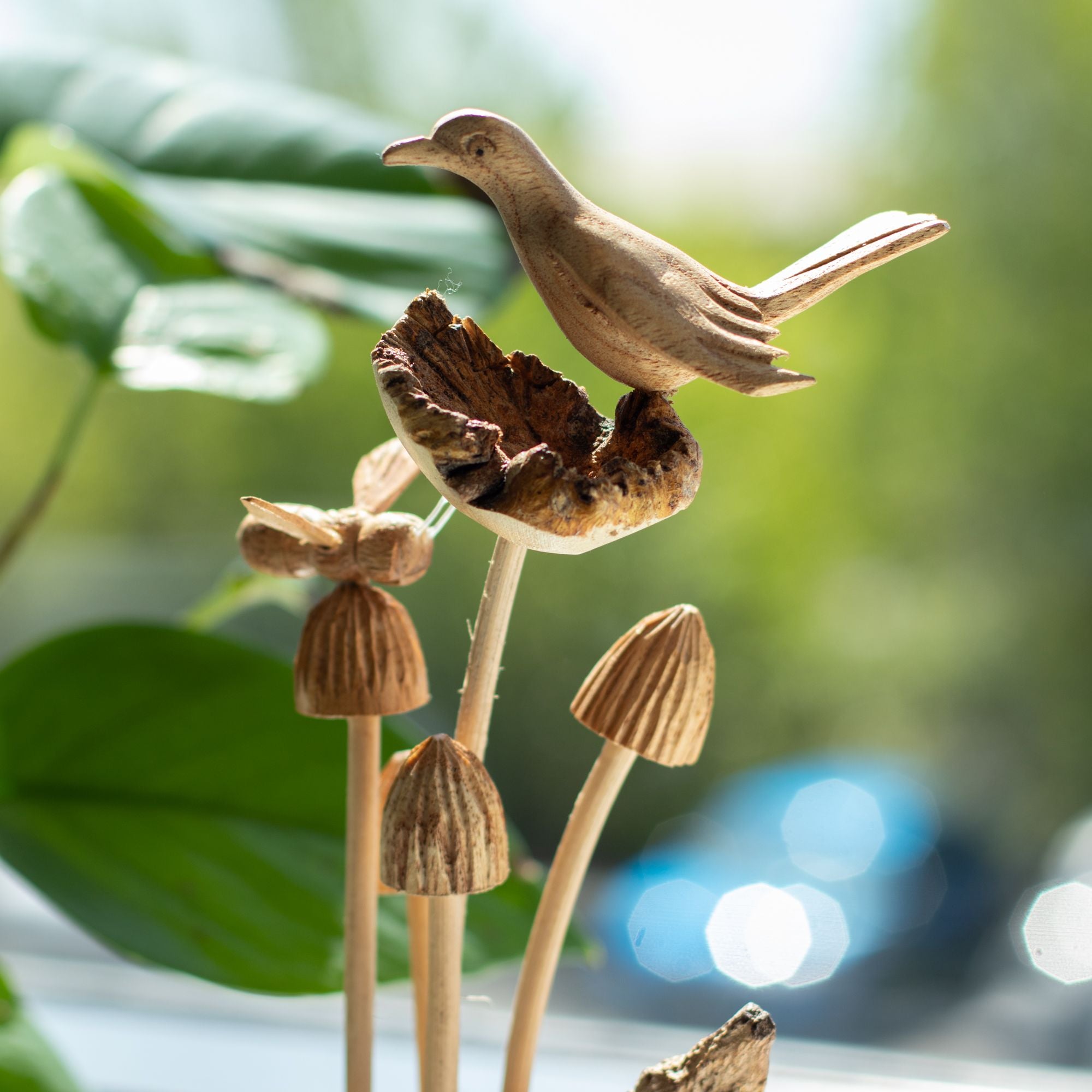 Handmade Parasite Wood Carving — Bird & Bee on Mushrooms