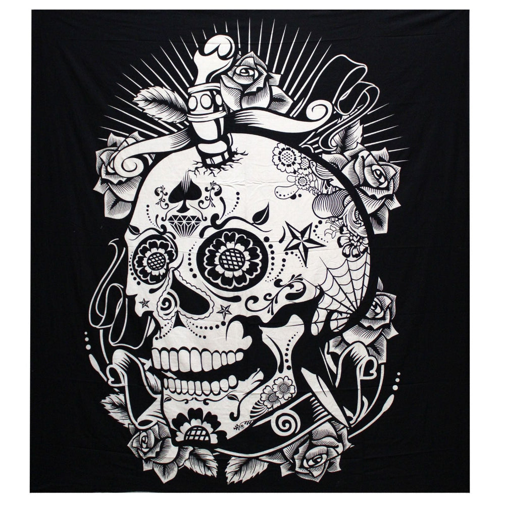 Rose Skull B&W Double Cotton Bedspread Wall Hanging