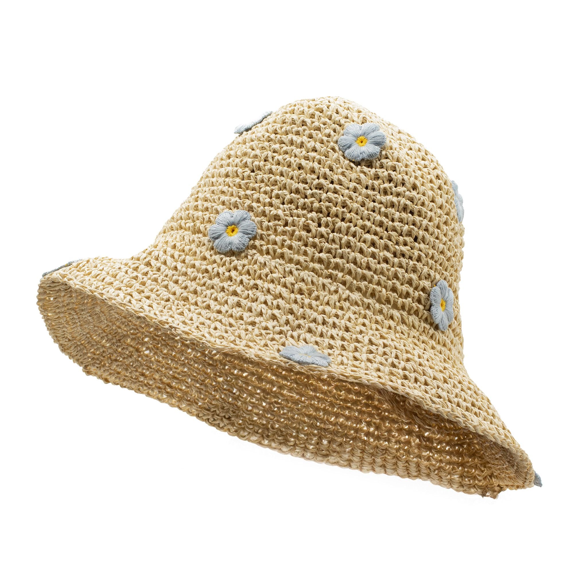 Nomad Sari Beige & Blue Flowers Floppy Straw Sun Hat