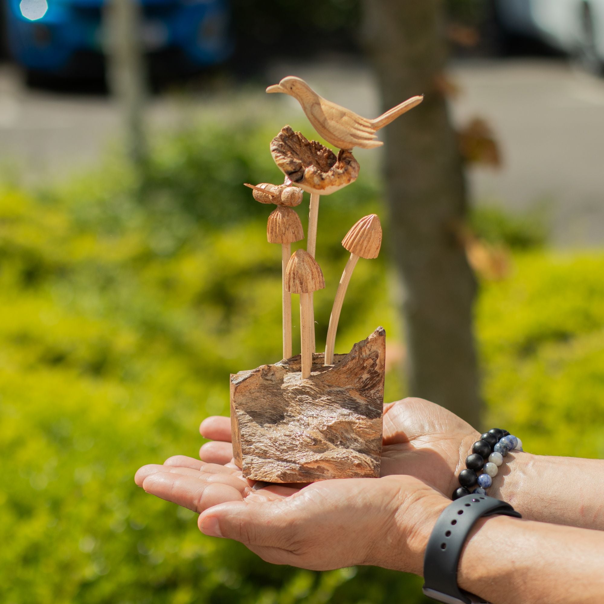 Handmade Parasite Wood Carving — Bird & Bee on Mushrooms