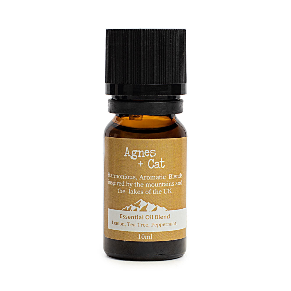 Essential oil bottle with a brown label on a white background