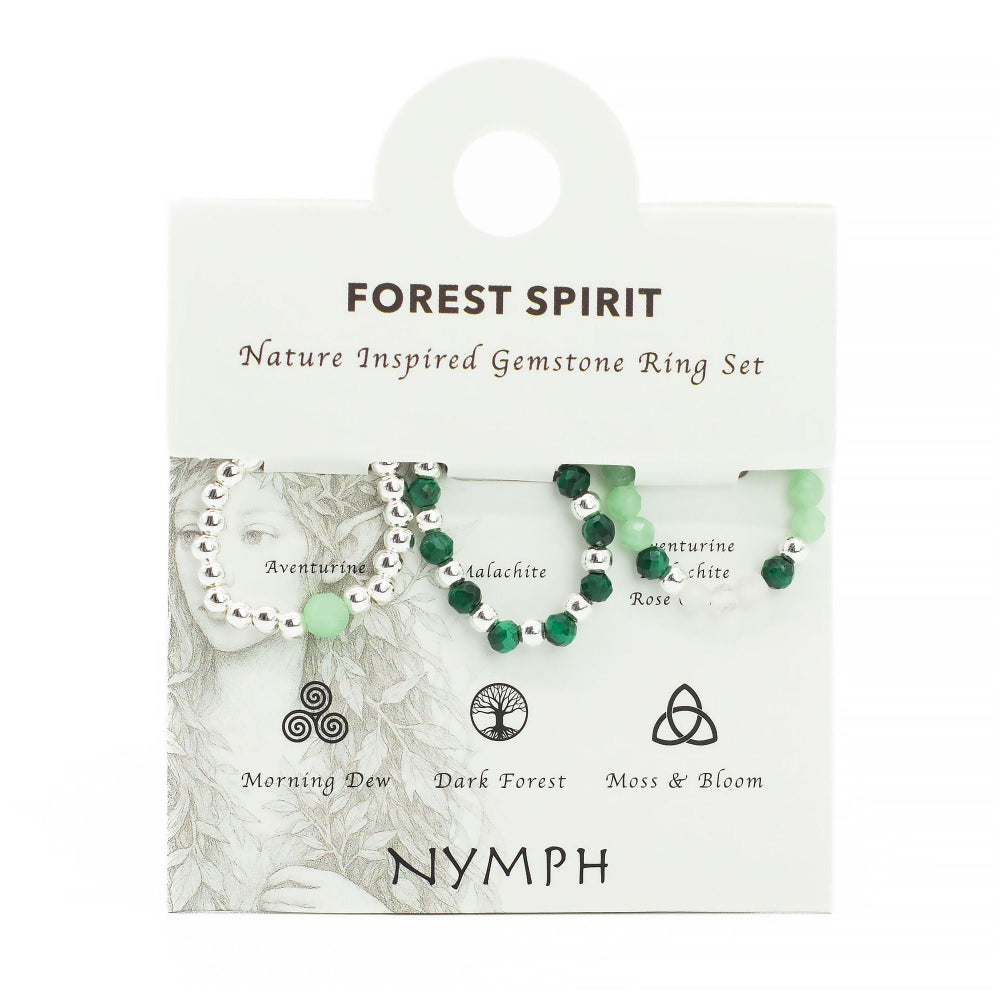 Forest Spirit Nature Inspired Gemstone Ring Set packaging with green gemstones on a white background