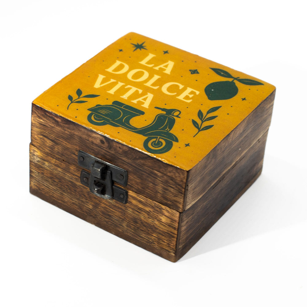 Wooden box with 'La Dolce Vita' design on a yellow background