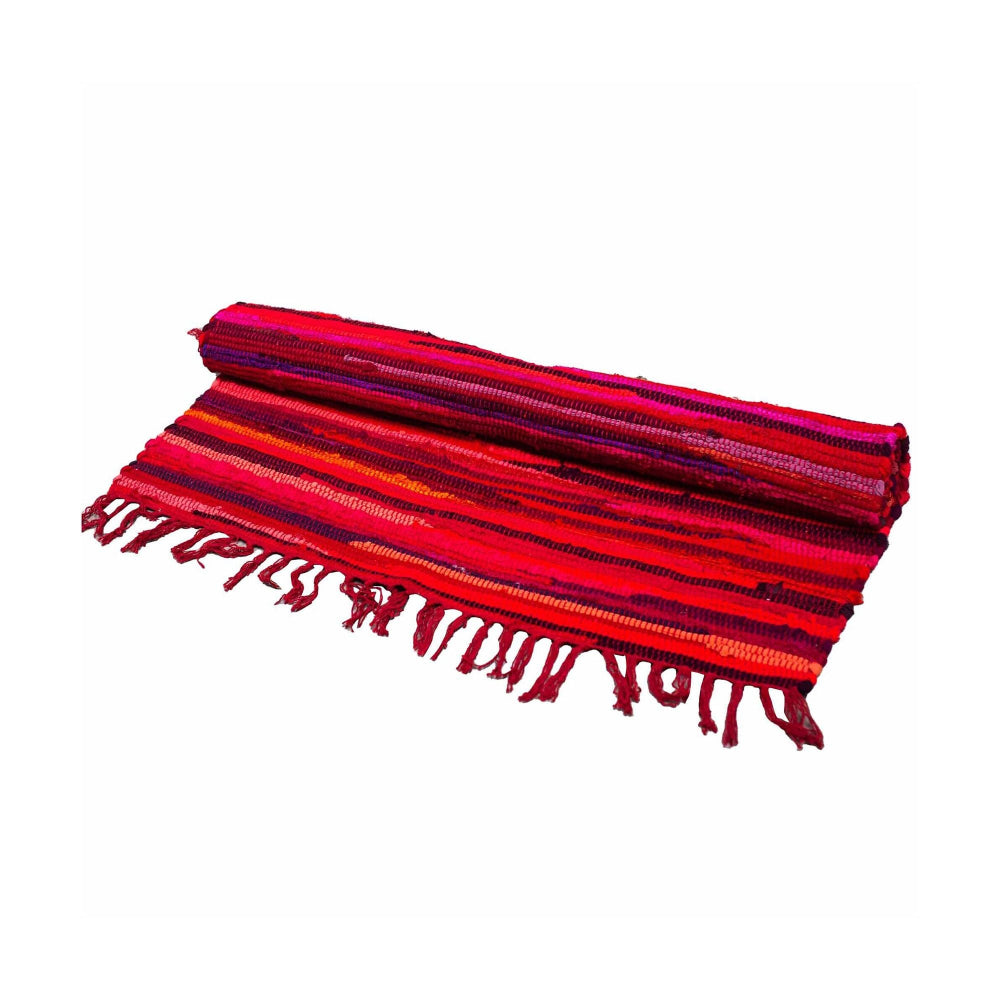 Red striped fabric with fringes on a white background
