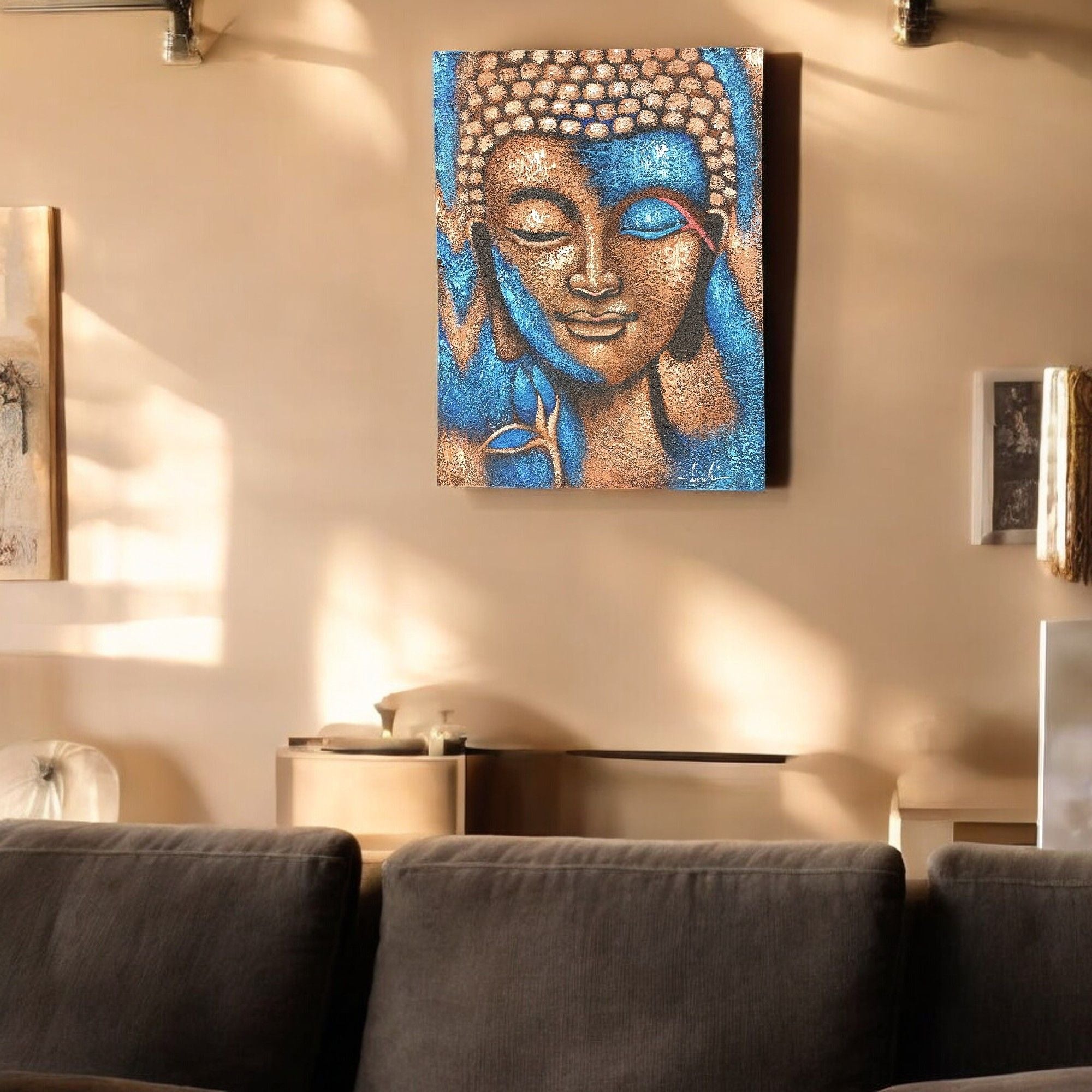 Bronze & Blue Flower Buddha Painting