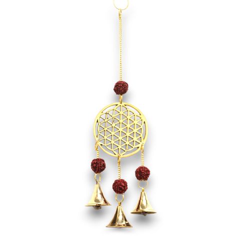 Brass Flower of Life with Rudraksha Beads 3 Bells Indian Chimes