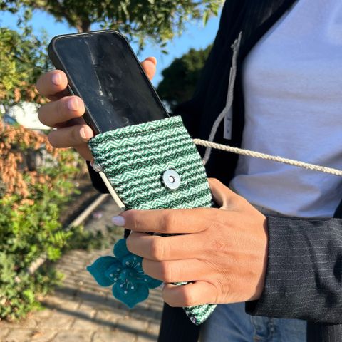 Flower Striped Phone Bag | Handmade Cotton Crossbody | Green