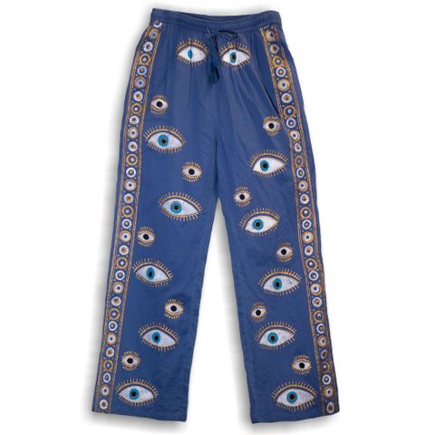 Rich Blue & Gold Hand Painted Evil Eye Lounge Pants  (L/XL)