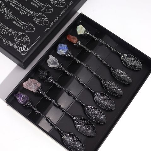 Set of 7 Dark Silver Gemstone Crystal Witch Spoons