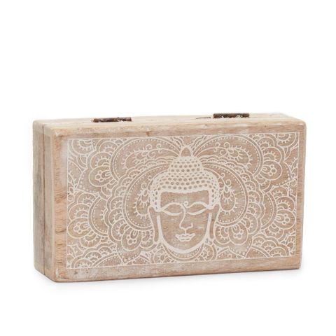 Buddha Face Whitewash Med Square Box