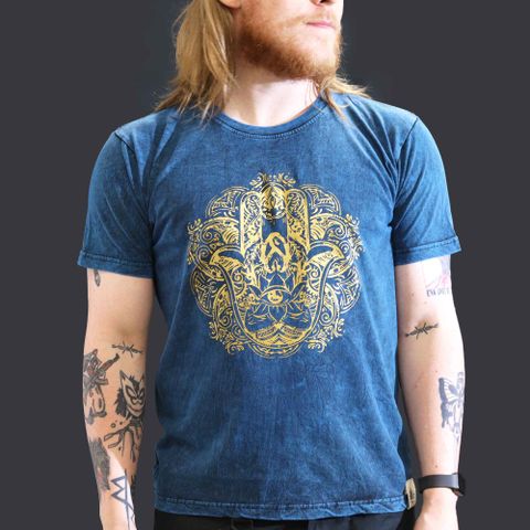 Large Stone Washed T-Shirt - Hamsa - Blue