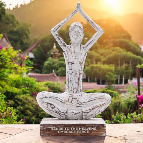 "Hands to the Heavens Embrace Peace" Wooden Yoga Lady