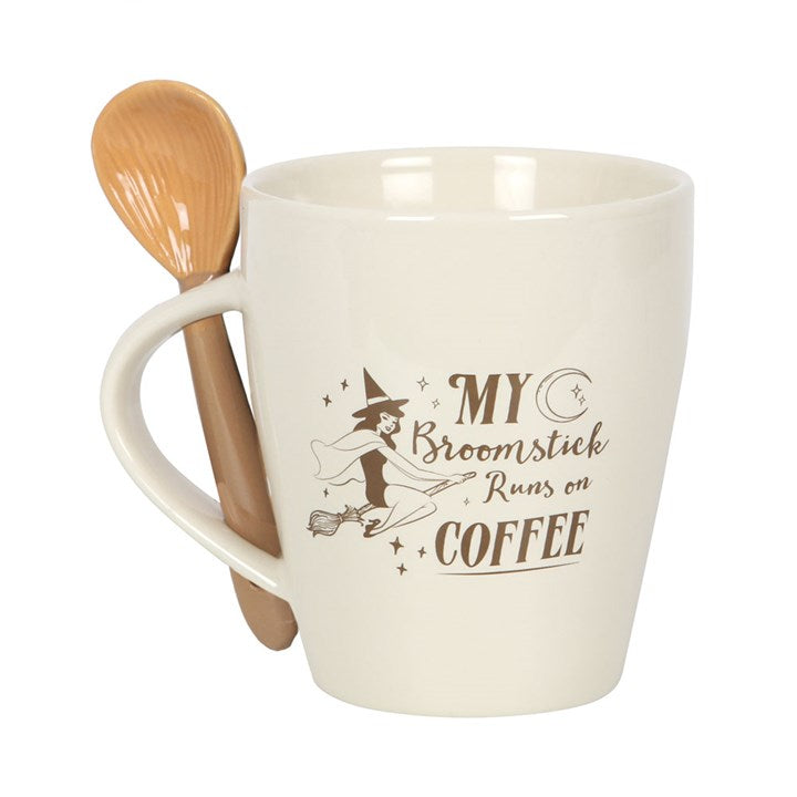 Eleanoras BROOMSTICK RUNS ON COFFEE MUG & SPOON SET MUGS