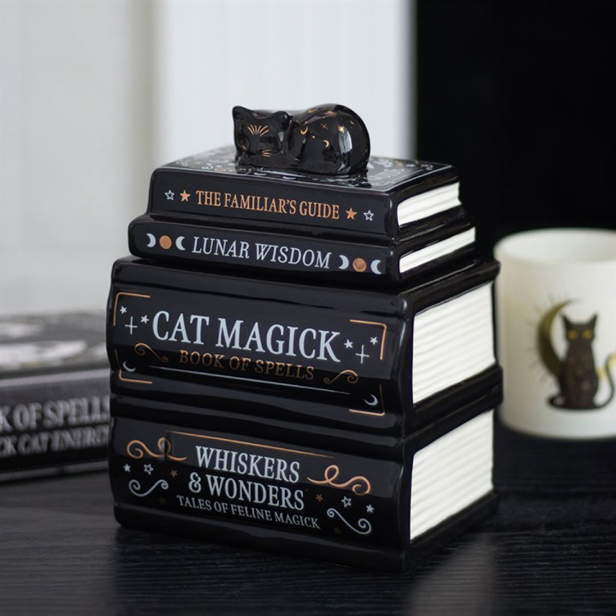 The Familiar's Library — Black Cat Book Stack Oil Burner