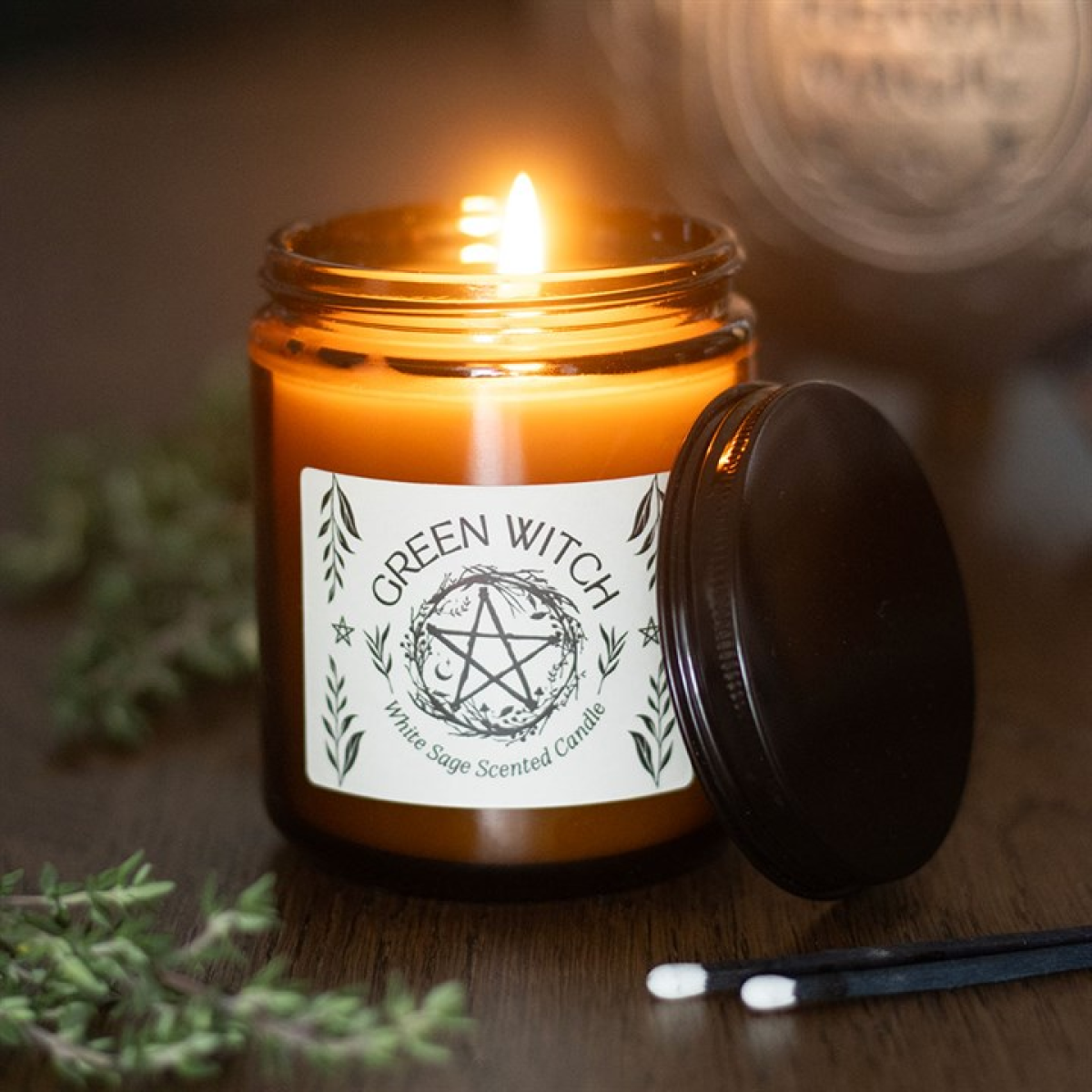 Green Witch Amber Glass Candle - White Sage
