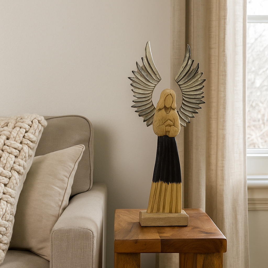 Metal Wings & Enamel Detail Large Mango Wood Guardian Angel