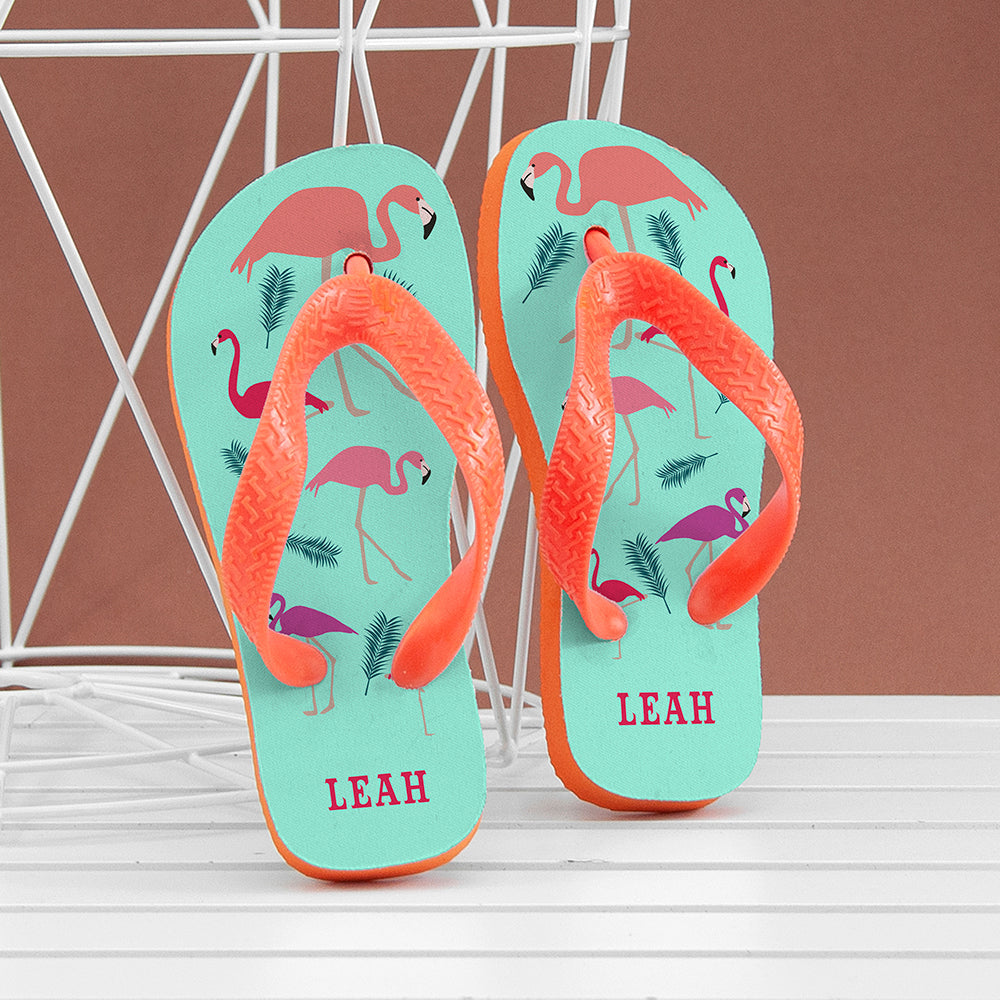 Eleanoras Fabulous Flamingos  Kids Personalised Flip Flops 