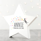 White star-shaped night light with 'ANNIE' and 'Dream Big Little One' text, featuring a silhouette of a child holding stars.