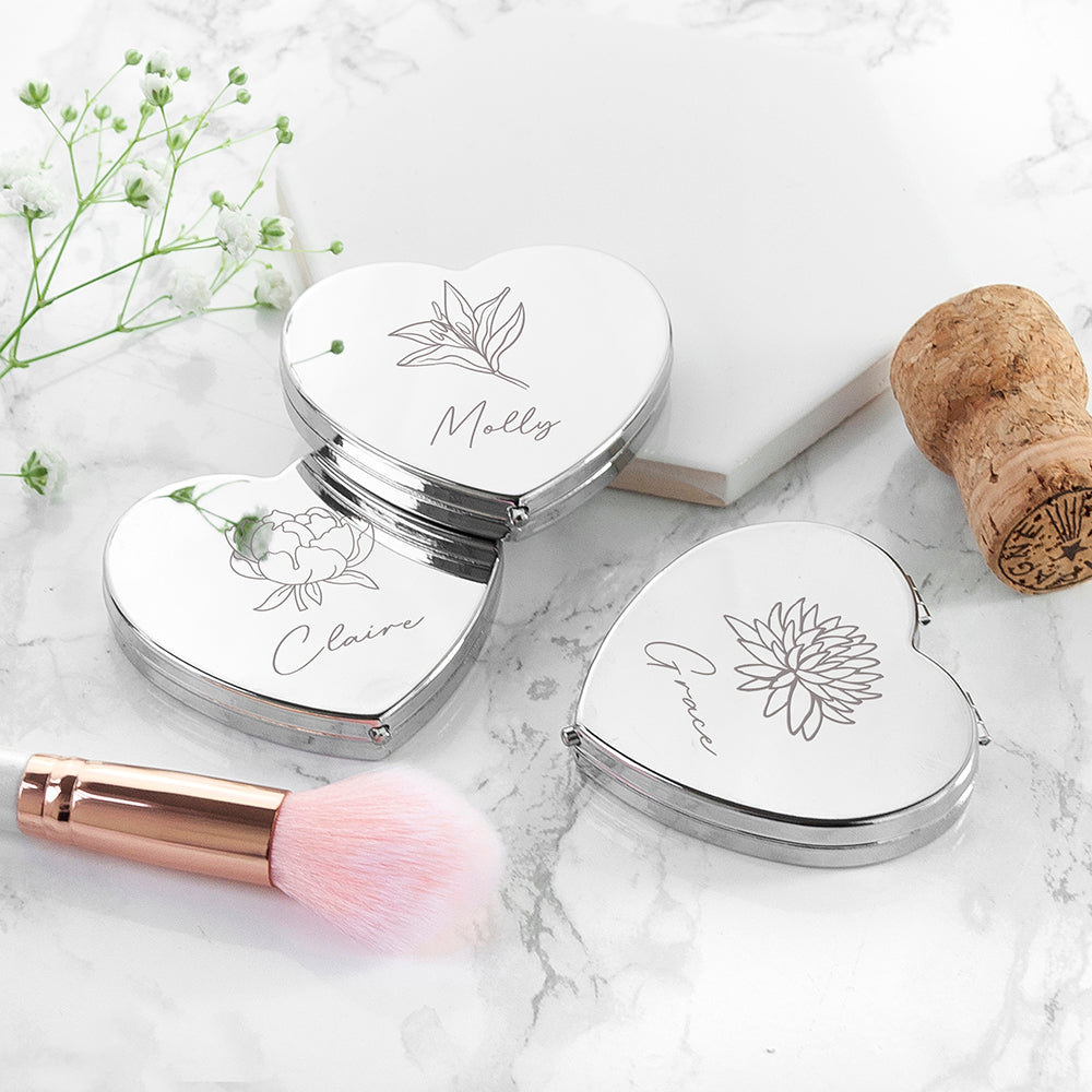 Eleanoras Personalised Silver Birth Flower Heart Compact Mirror Compact Mirrors