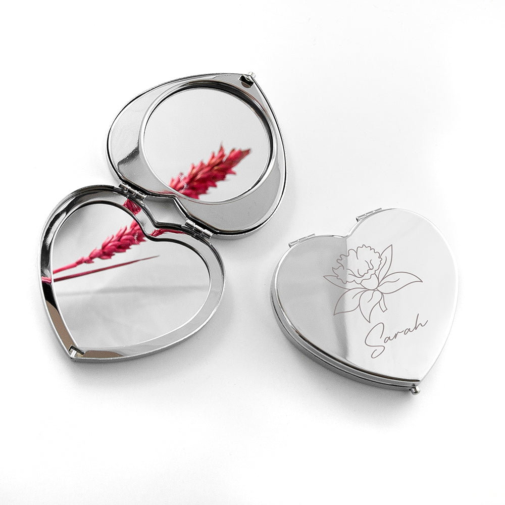 Eleanoras Personalised Silver Birth Flower Heart Compact Mirror Compact Mirrors