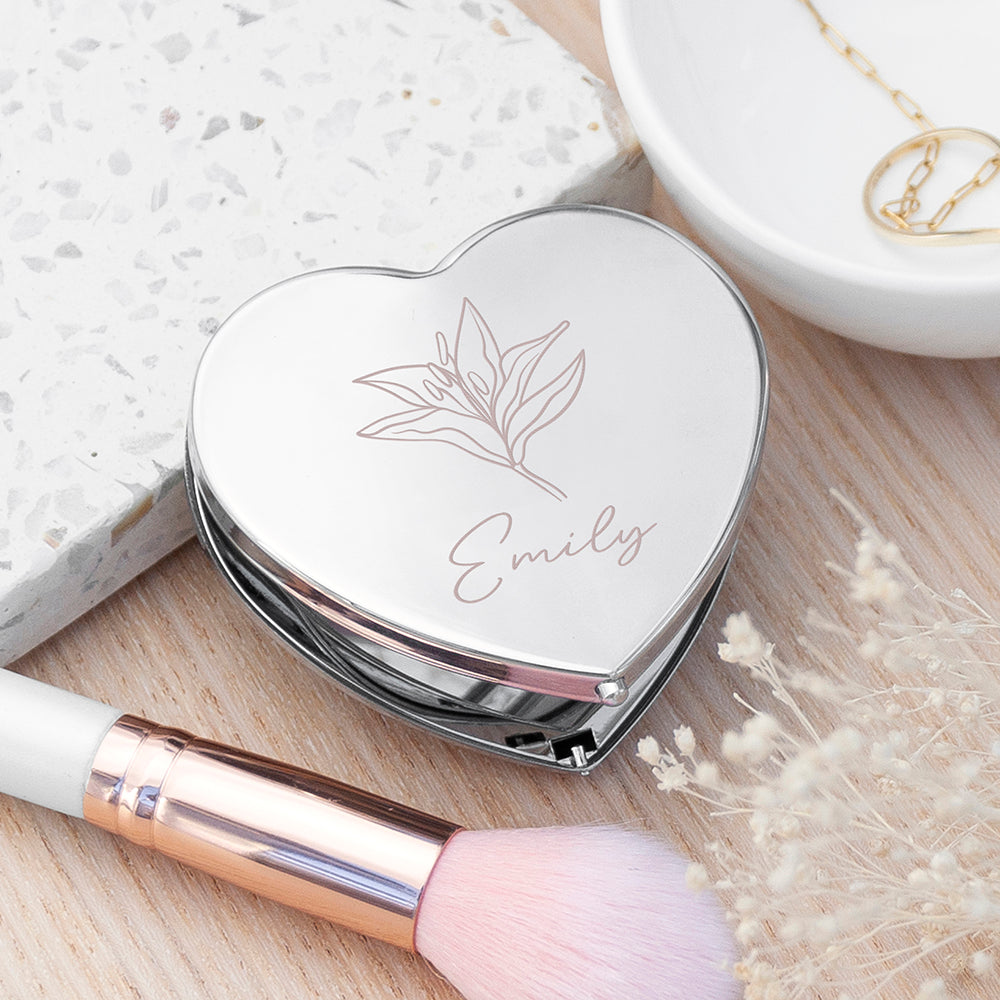 Personalised Silver Birth Flower Heart Compact Mirror