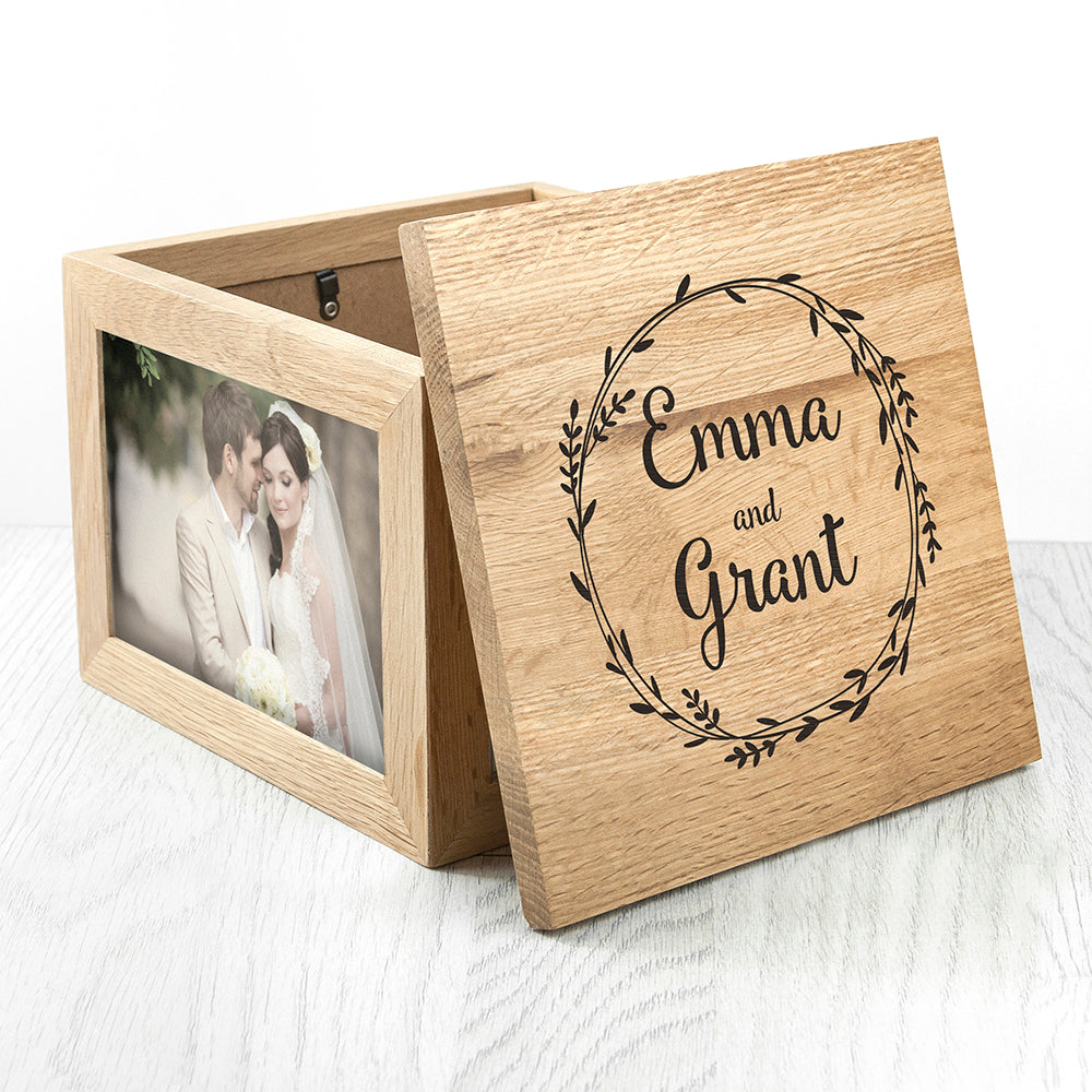 Eleanoras Couples Oak Photo Keepsake Box With Wreath Design Boxes & Chests
