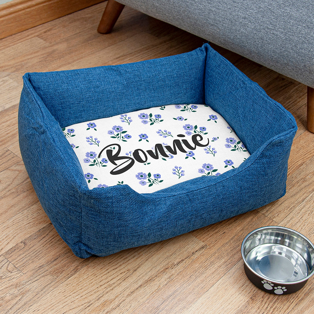 Eleanoras Personalised Blue Comfort Dog Bed with Blue Floral Design Dog Beds