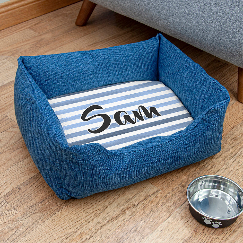 Eleanoras Personalised Blue Comfort Dog Bed with Blue Striped Design Dog Beds