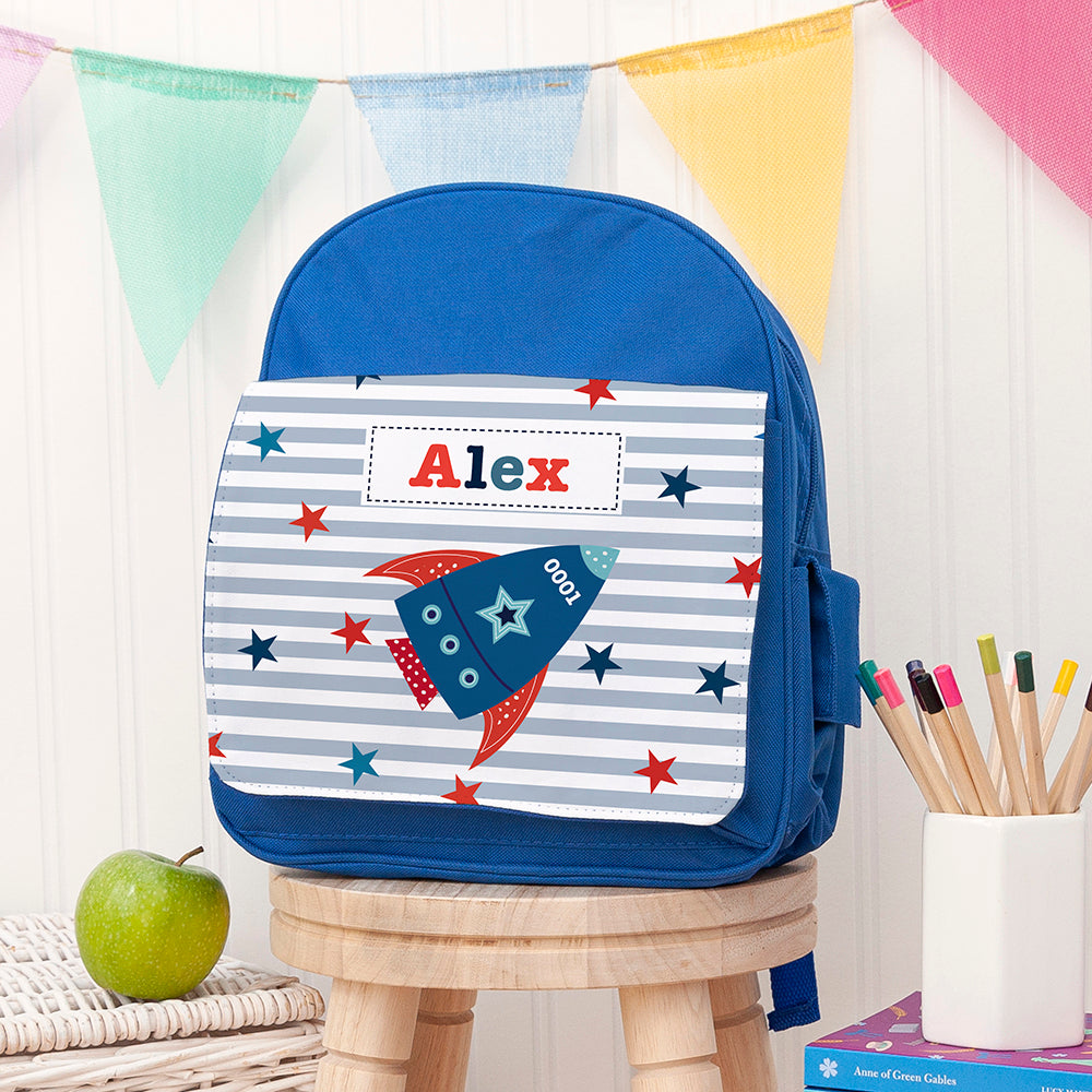 Eleanoras SPACE ROCKET PERSONALISED BLUE MINI RUCKSACK KIDS BACKPACKS