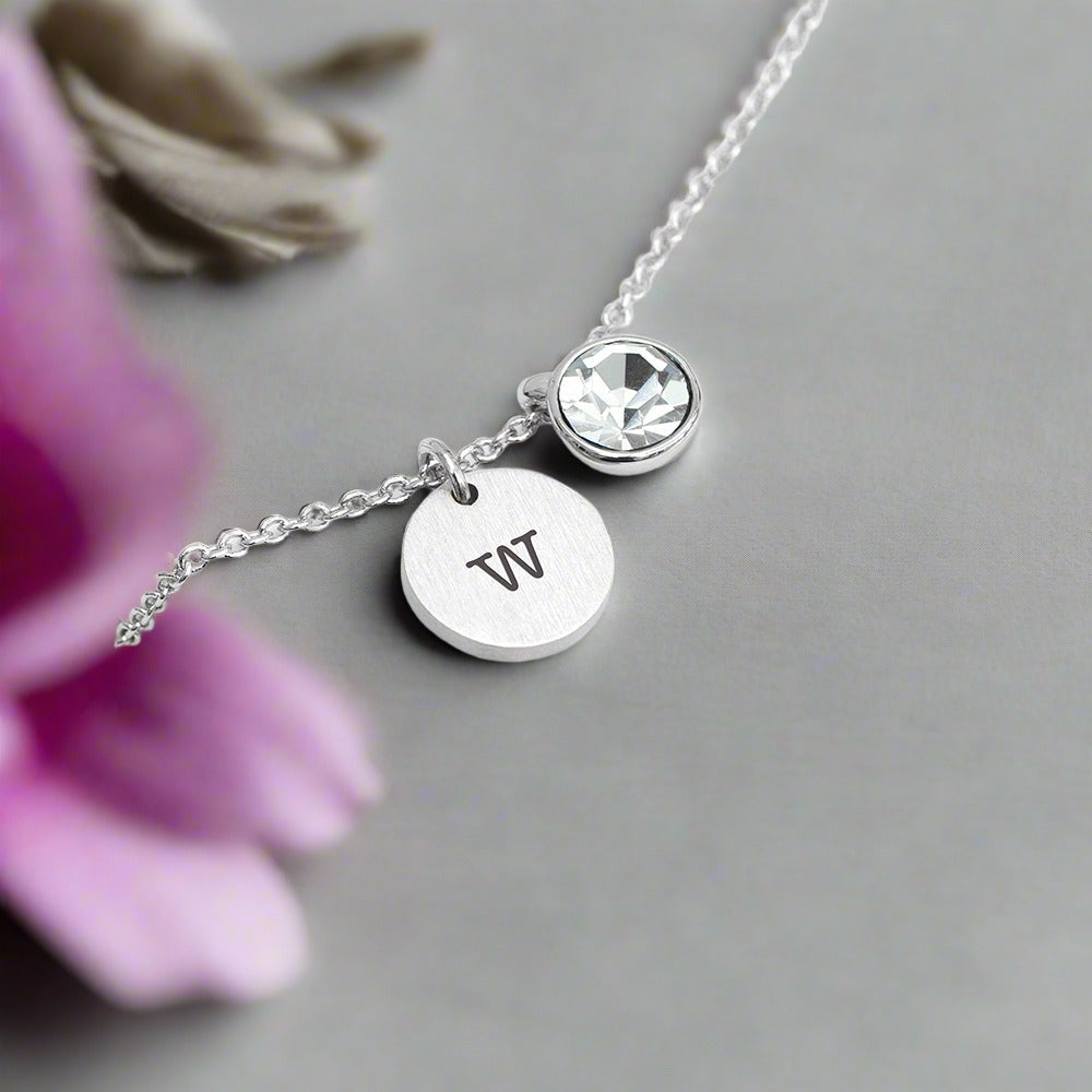 Eleanoras APRIL MONOGRAM SILVER BIRTHSTONE CRYSTAL & DISC Necklaces