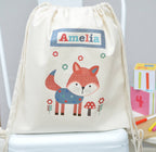 Drawstring bag with a fox design and 'Amelia' label on a white background
