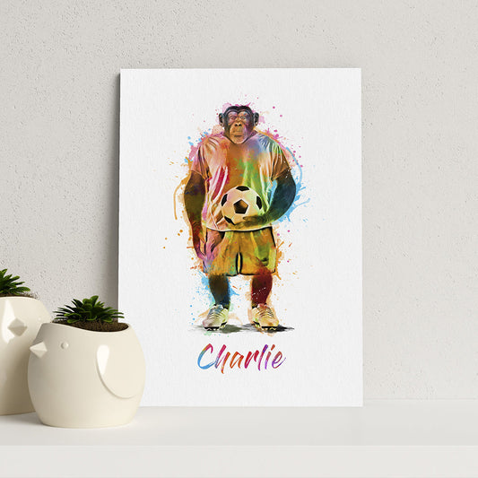 Eleanoras CHIMPANZEE FOOTBALLER PERSONALISED WATERCOLOUR PRINT 