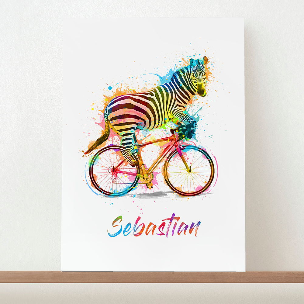 Eleanoras Personalised Watercolour Zebra Cycling Print Kids Wall Art & Prints
