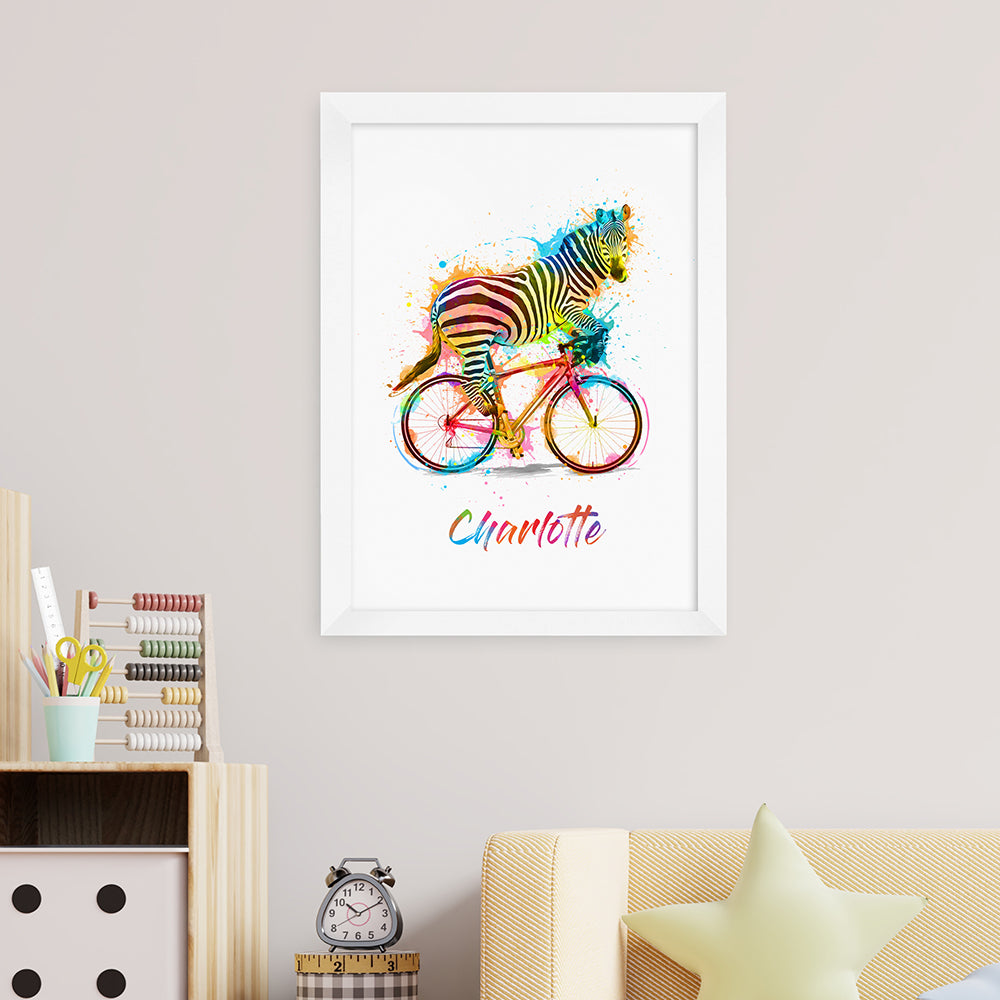 Eleanoras Personalised Watercolour Zebra Cycling Print Kids Wall Art & Prints