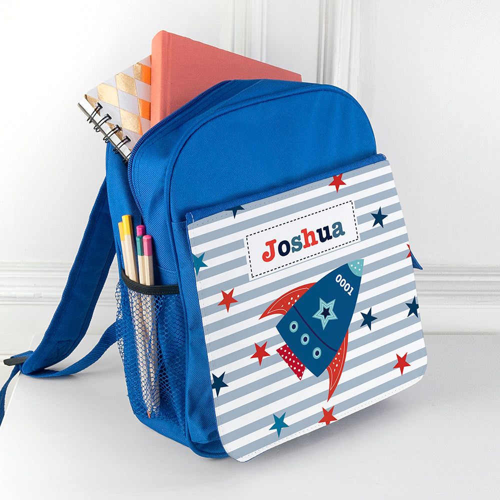 Eleanoras SPACE ROCKET PERSONALISED BLUE MINI RUCKSACK KIDS BACKPACKS