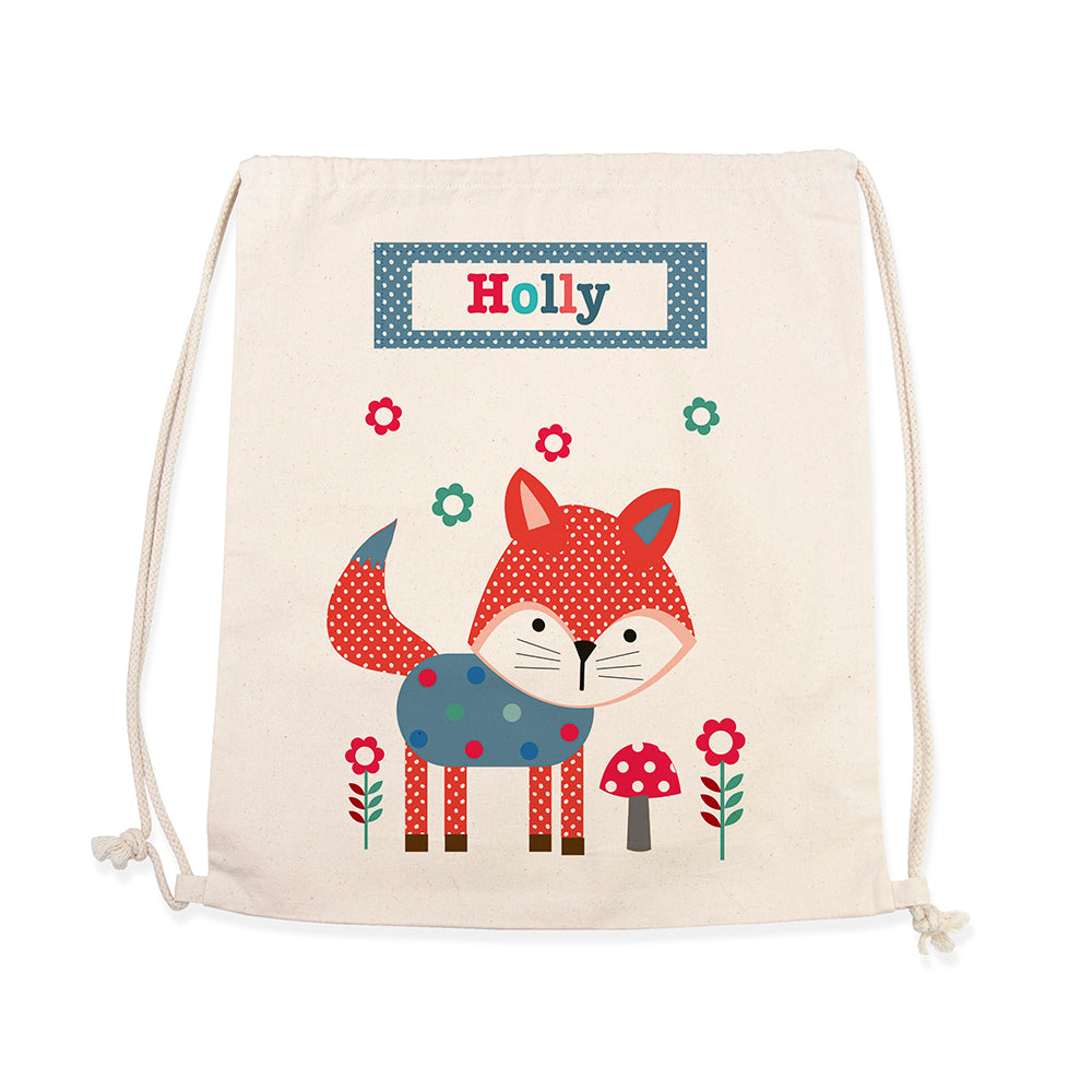 Drawstring bag with a fox design and 'Holly' text on a white background