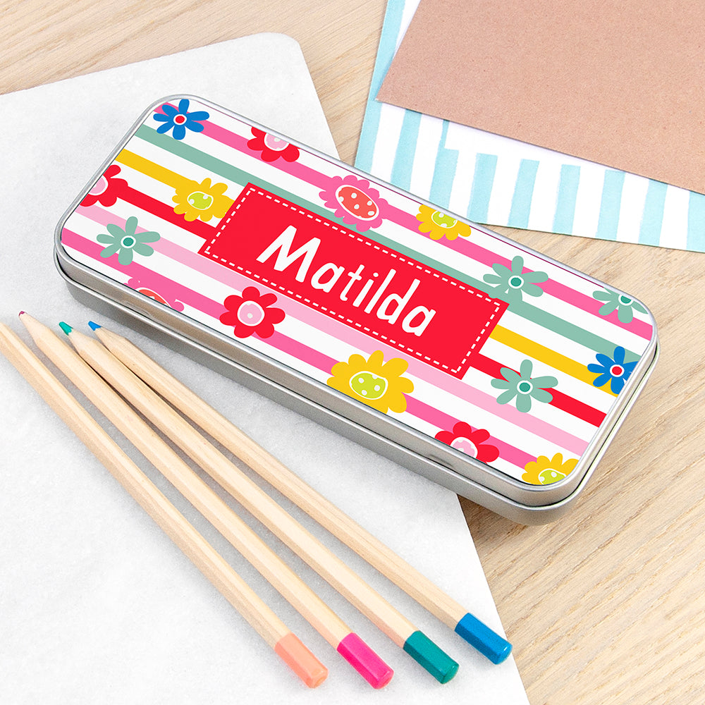 Eleanoras Personalised Floral Stripe Patterned Pencil Case Tin 