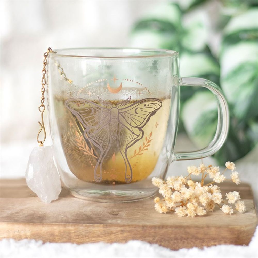 Eleanoras LUNA MOTH DOUBLE WALLED GLASS MUG WITH CRYSTAL TEA INFUSER Mugs