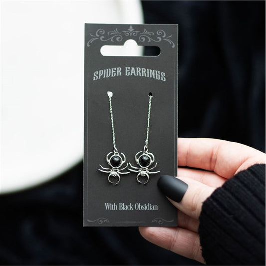 SPIDER THREADER BLACK OBSIDIAN EARRINGS JEWELLERY from Eleanoras