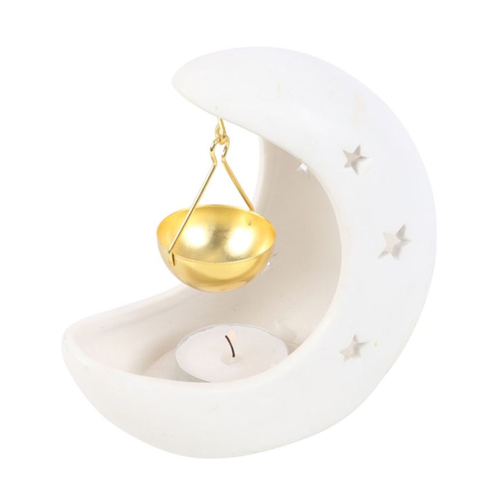 Eleanoras WHITE CRESCENT MOON HANGING OIL BURNER WITH GOLD DISH Oil Burners